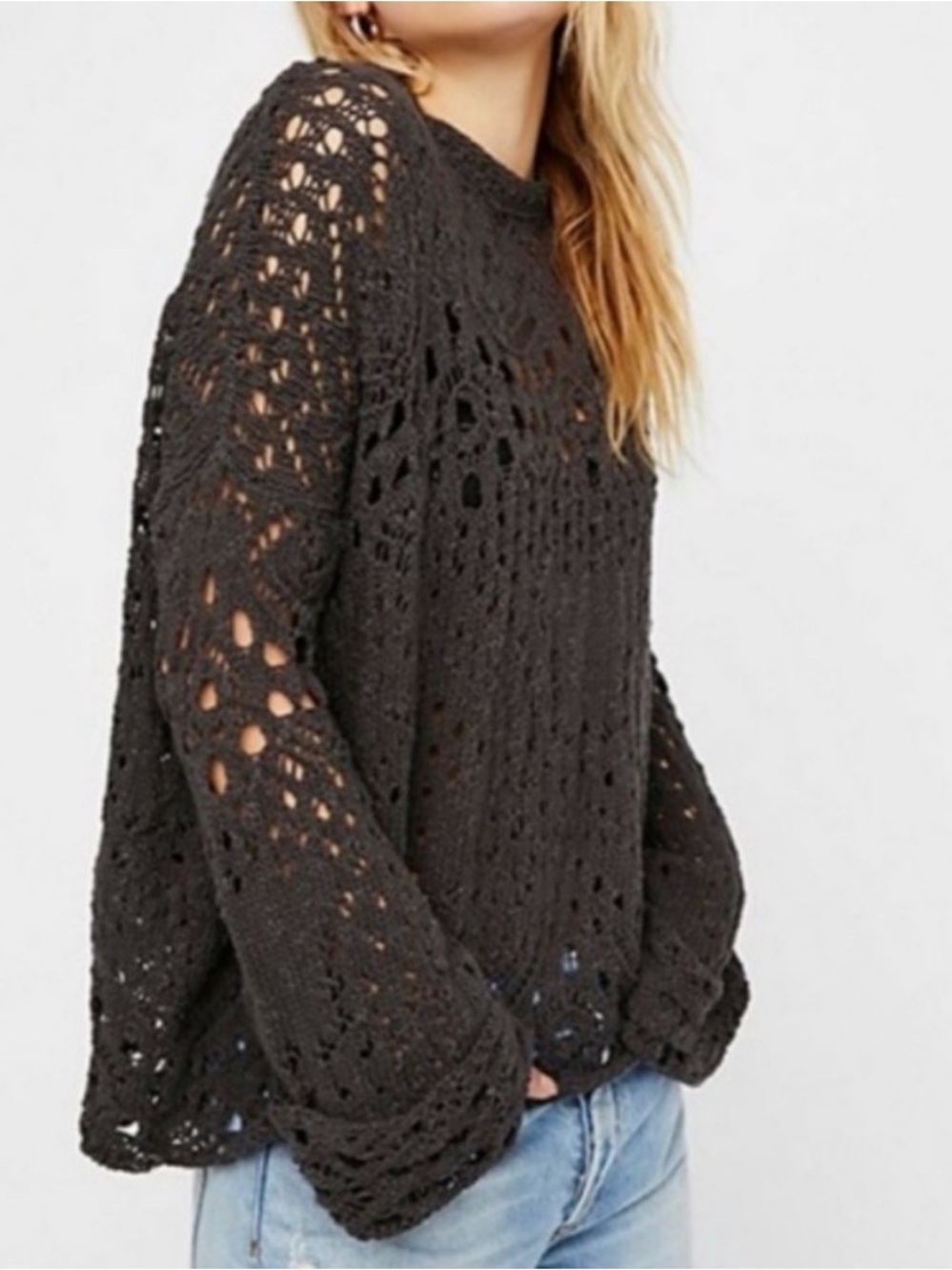 Free People Charcoal Open-Knit Crewneck Sweater